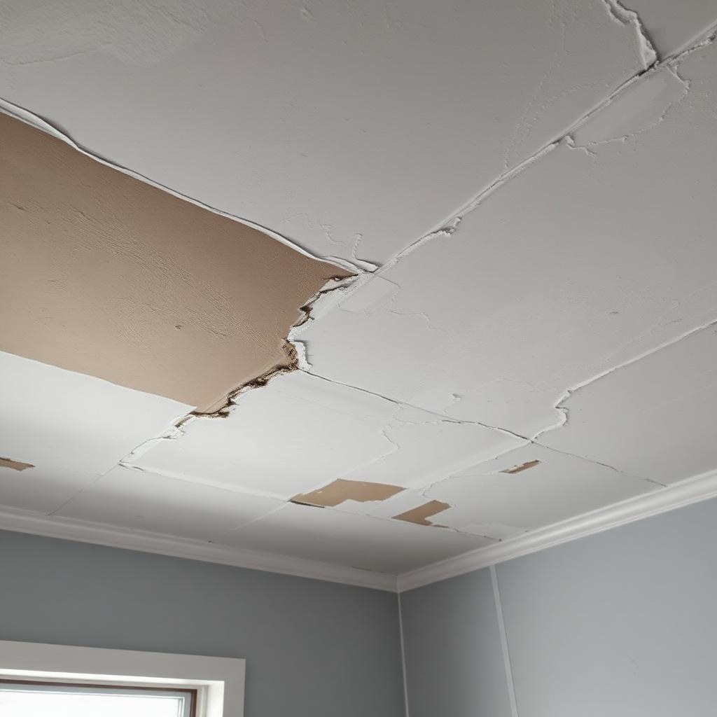 Water-stained, cracked drywall ceiling before water damage drywall repair