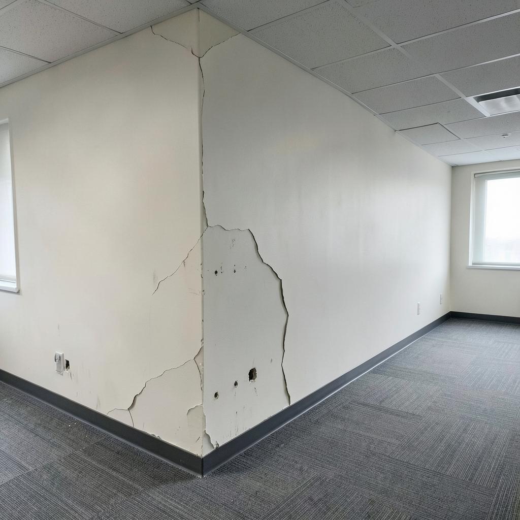 Cracked and gouged office drywall with damaged corner bead before commercial drywall repair in Colorado Springs