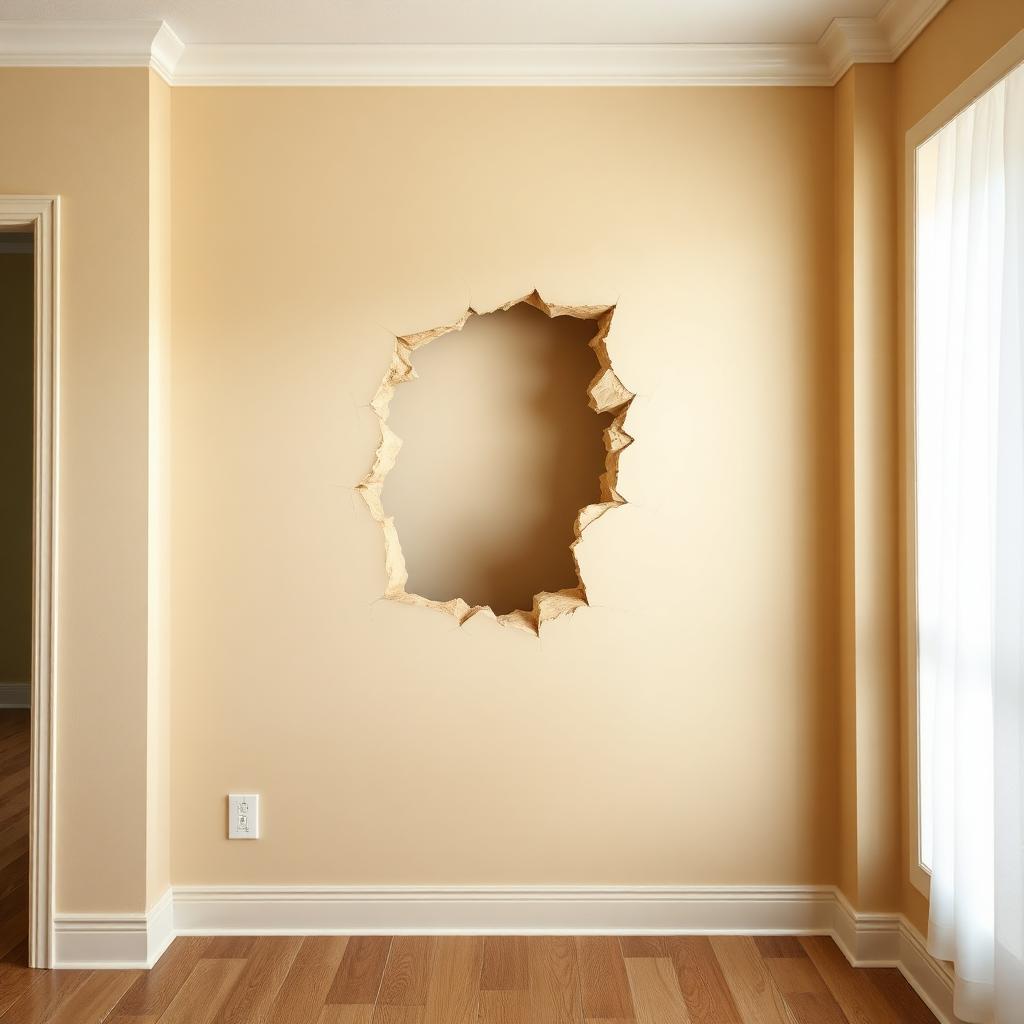 Jagged hole in an interior wall before drywall patching in Colorado Springs