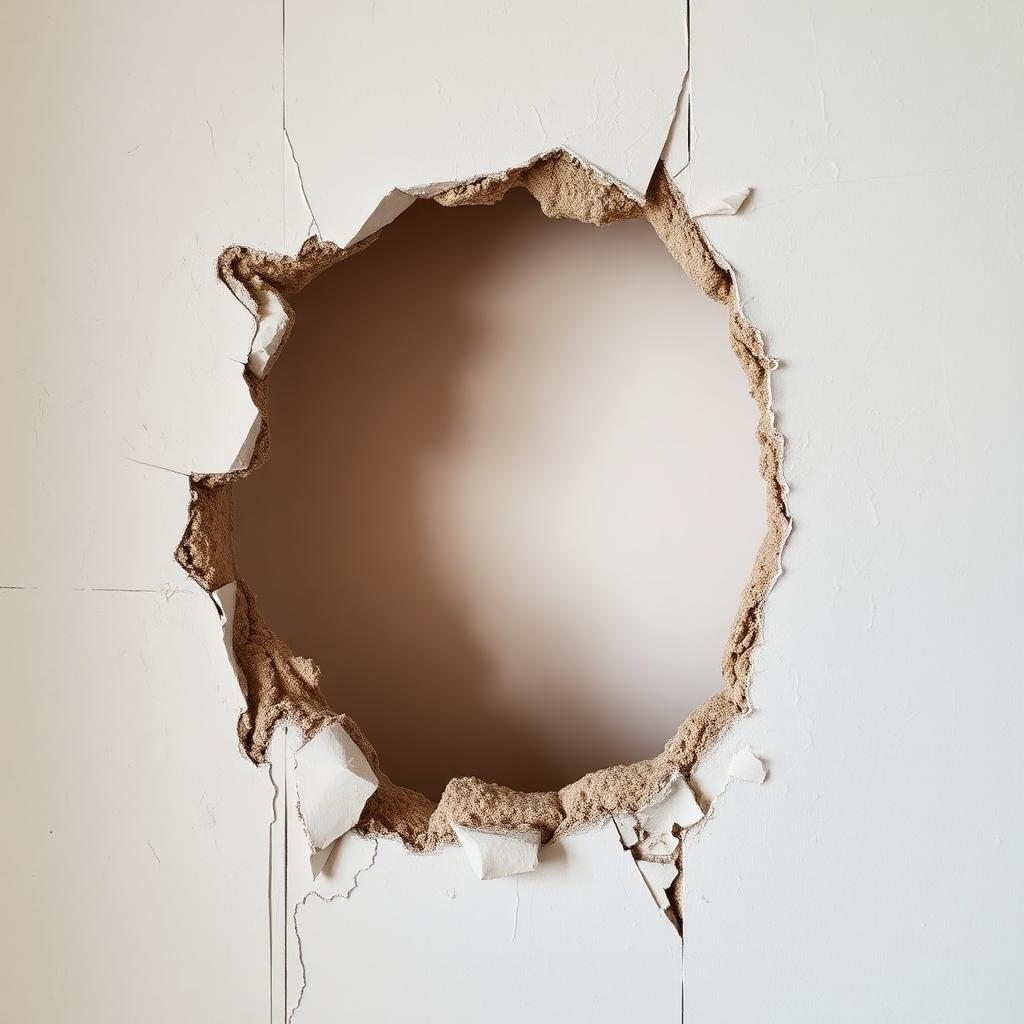 Large impact hole in an interior drywall wall before drywall patching