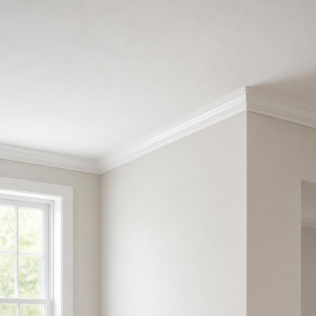 Clean rebuilt ceiling and wall corner after water damage drywall repair in Colorado Springs