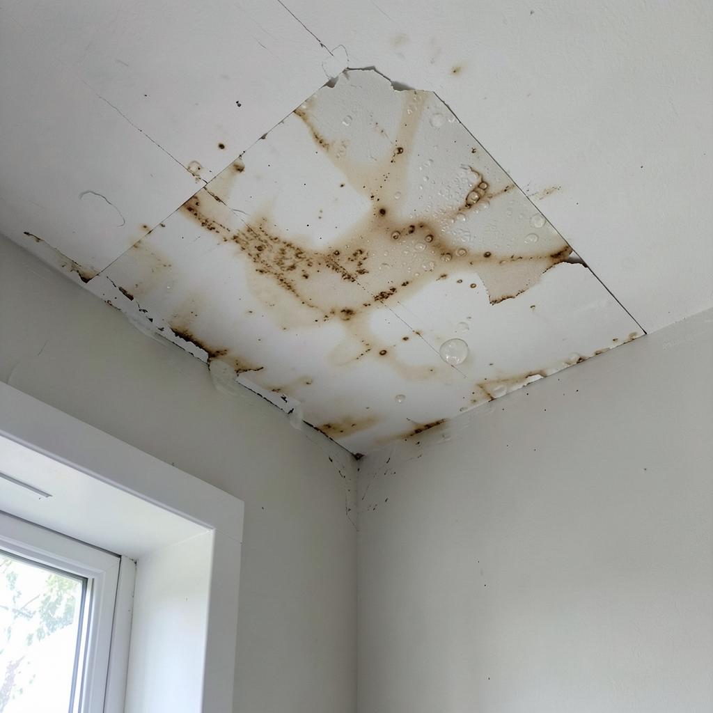 Stained sagging ceiling with bubbling paint before water damage drywall repair in Colorado Springs